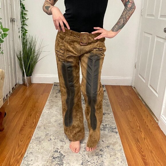 Y2K Melrose Relaxed Fit Mid Rise Camo Flare Pants Belted Waist Size 32 Brown - Picture 7 of 7